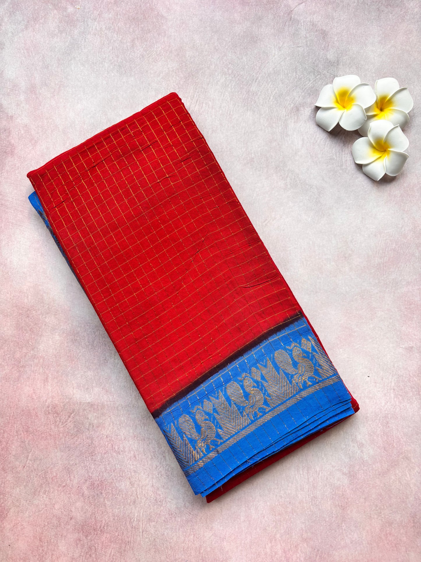 Authentic Sungudi Cotton Saree – Big Maroon Body with Long Blue Border (With Blouse)