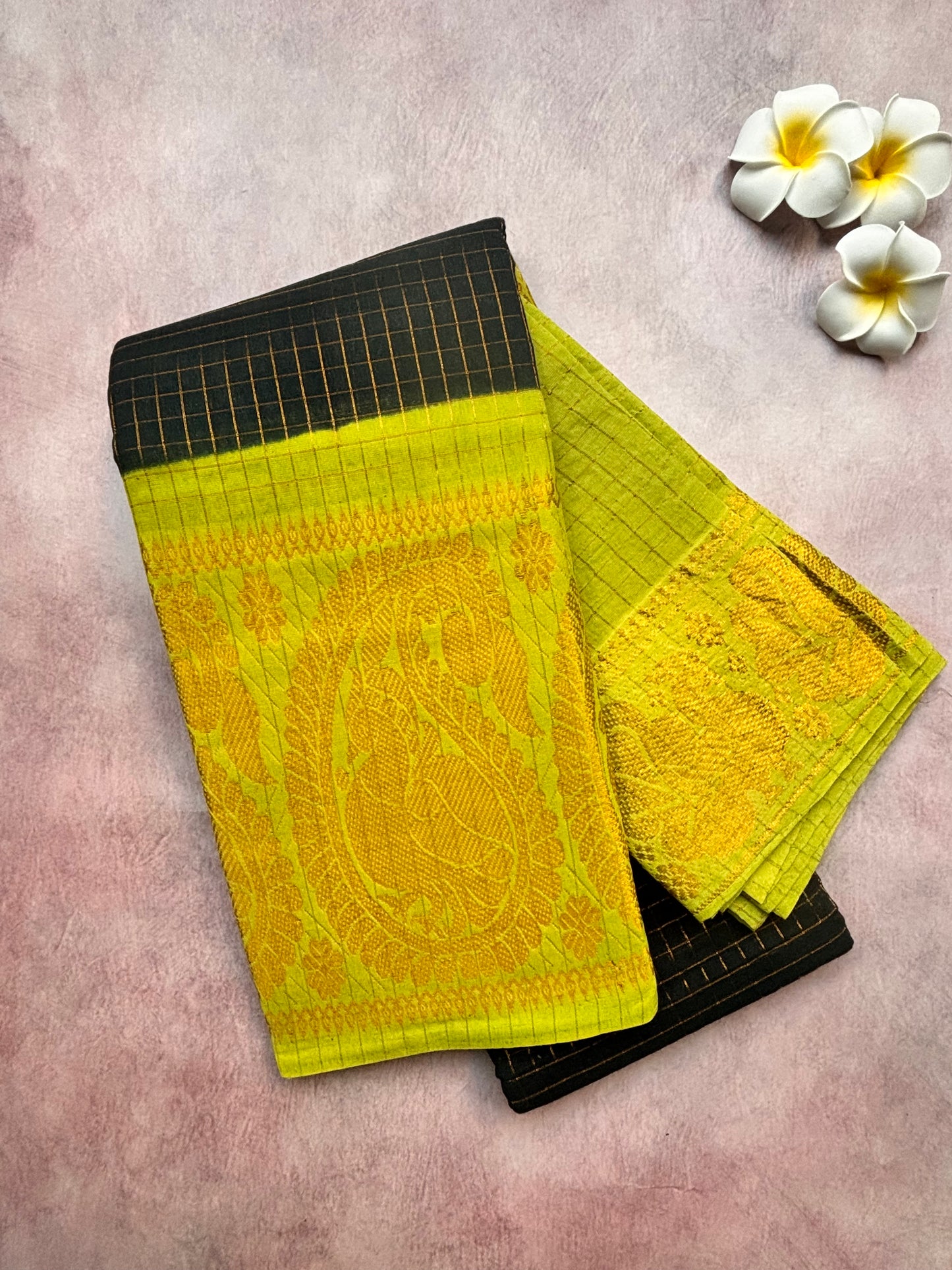 Authentic Sungudi Cotton Saree – Black with Lime Green Long Border (With Blouse)