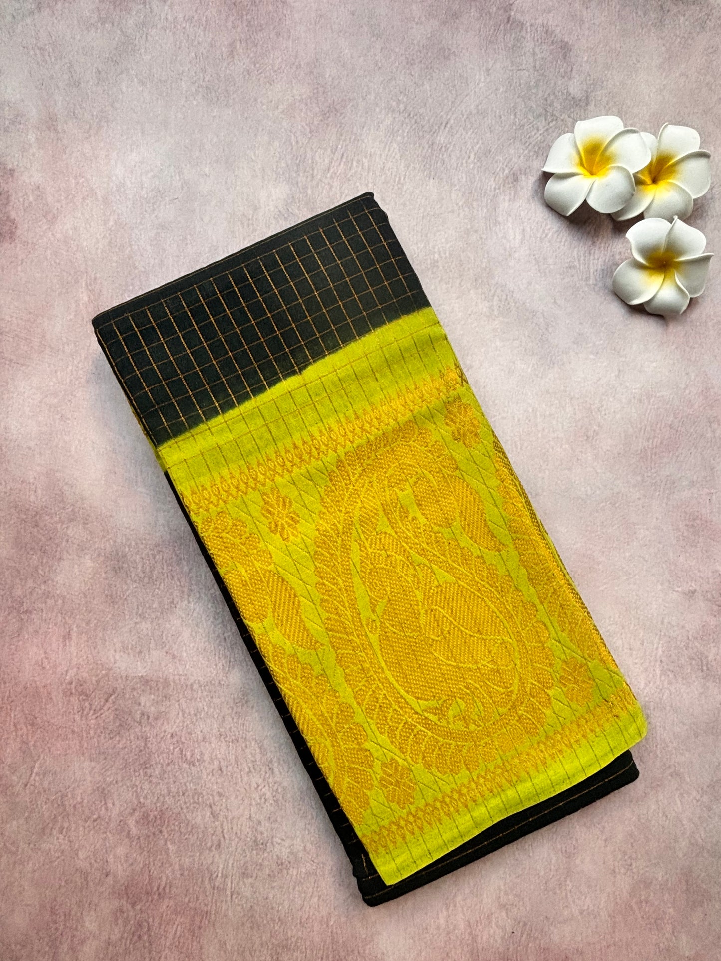 Authentic Sungudi Cotton Saree – Black with Lime Green Long Border (With Blouse)