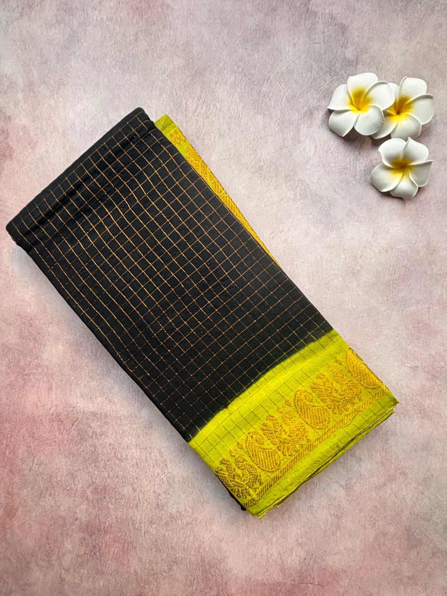 Authentic Sungudi Cotton Saree – Black with Lime Green Long Border (With Blouse)