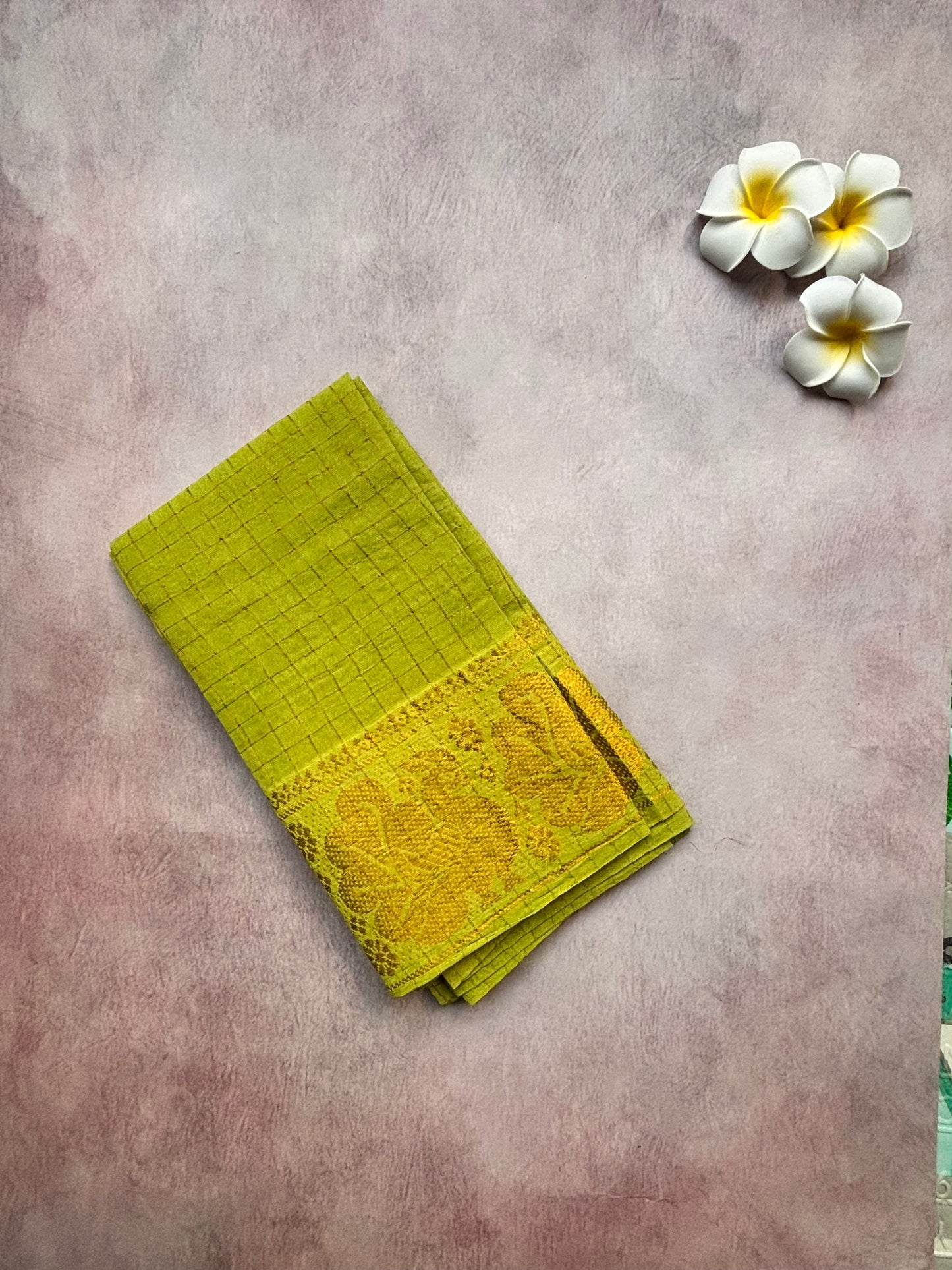 Authentic Sungudi Cotton Saree – Black with Lime Green Long Border (With Blouse)