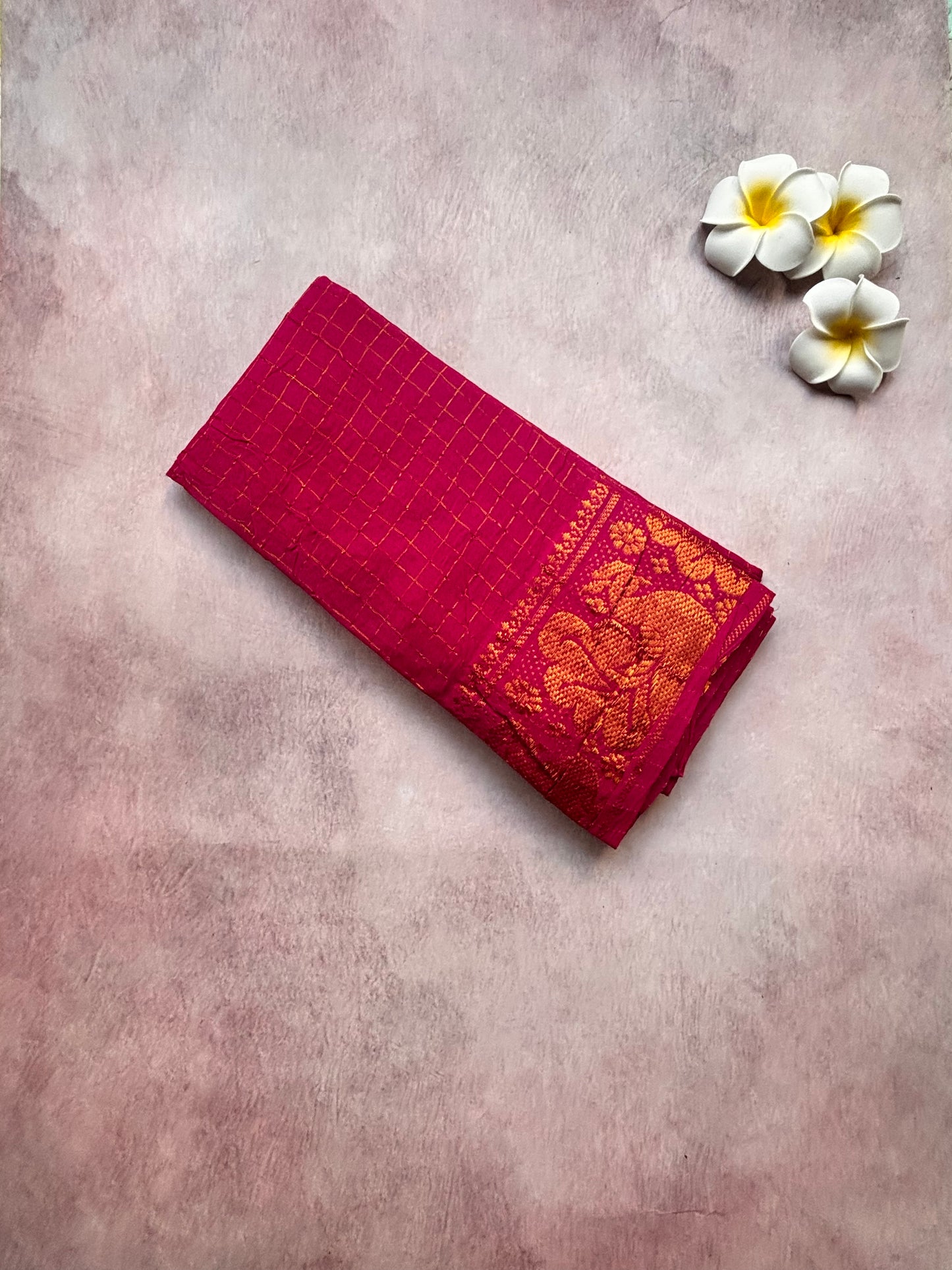 Carrot Orange Velthari Sungudi Cotton Saree with Pink Border