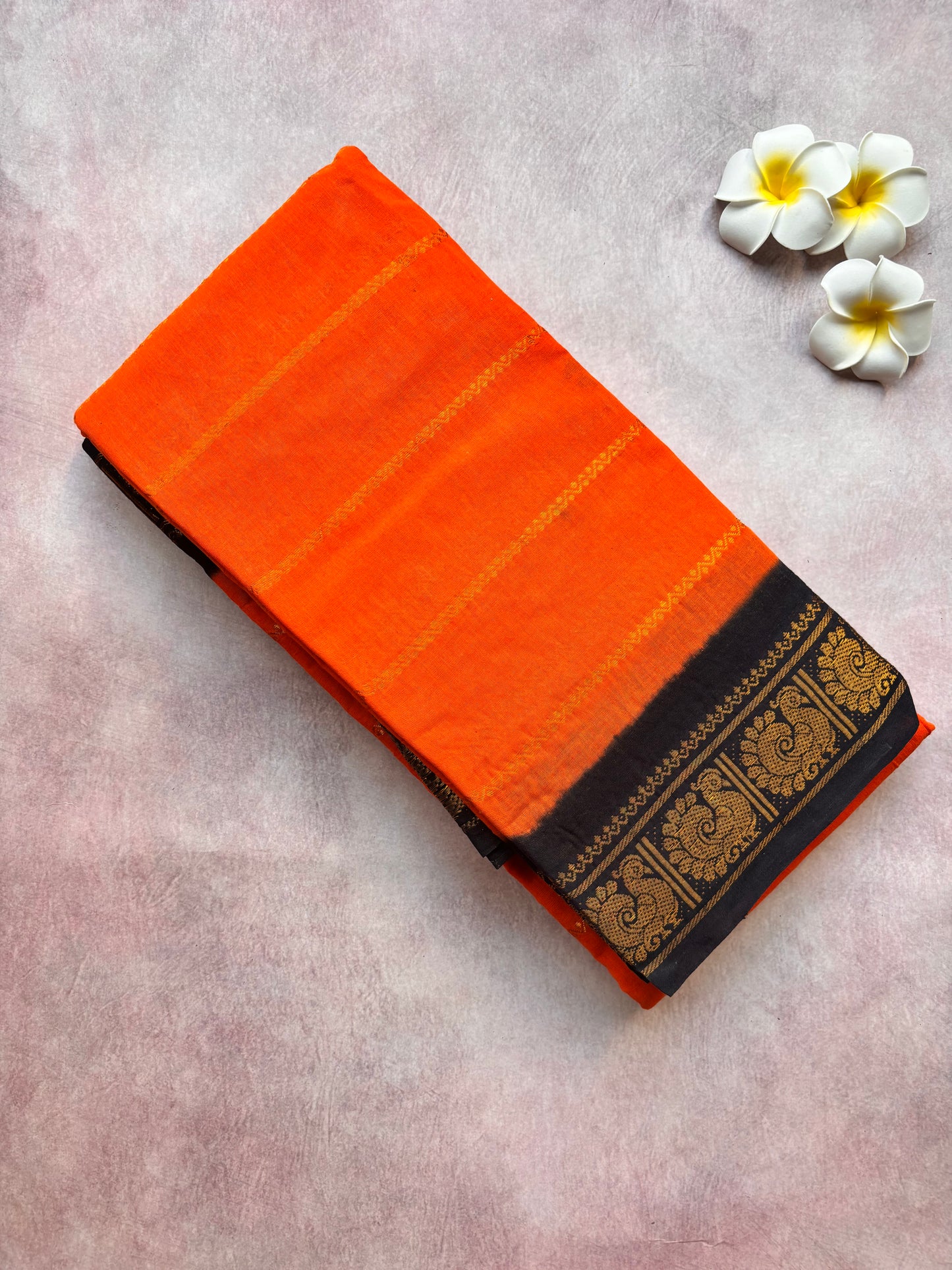 Orange Velthari Sungudi Cotton Saree with Black Border - with blouse