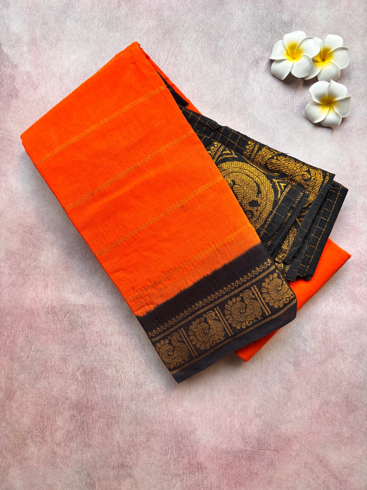 Orange Velthari Sungudi Cotton Saree with Black Border - with blouse