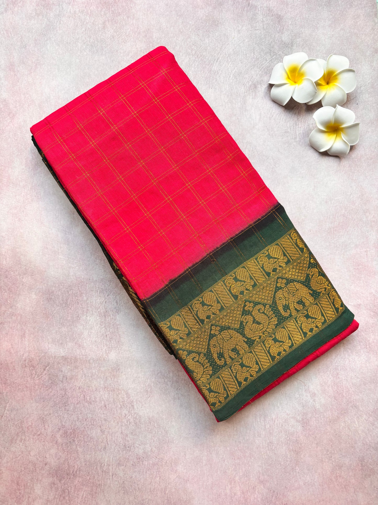 Pink Kattam Sungudi Cotton Saree with Green Border with blouse