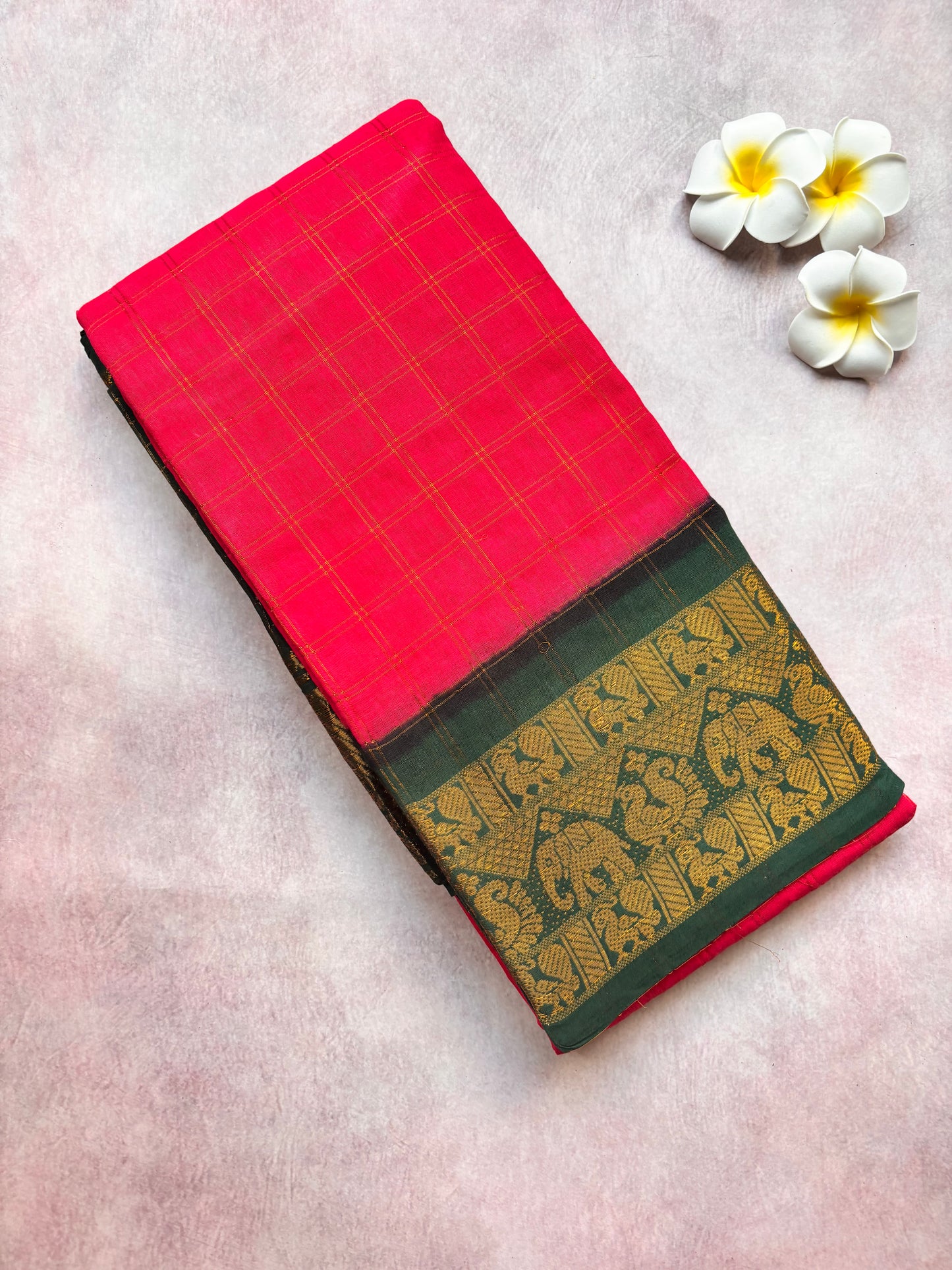 Pink Kattam Sungudi Cotton Saree with Green Border with blouse