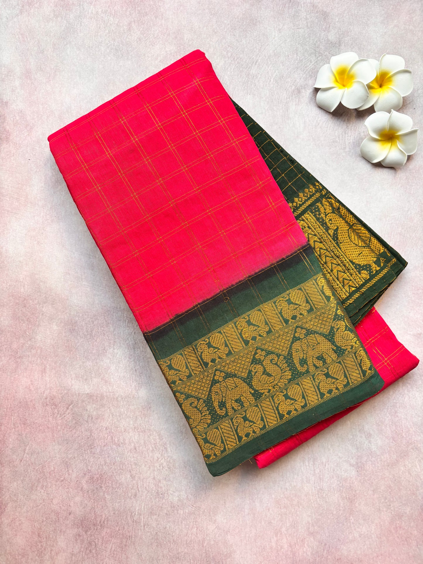 Pink Kattam Sungudi Cotton Saree with Green Border with blouse