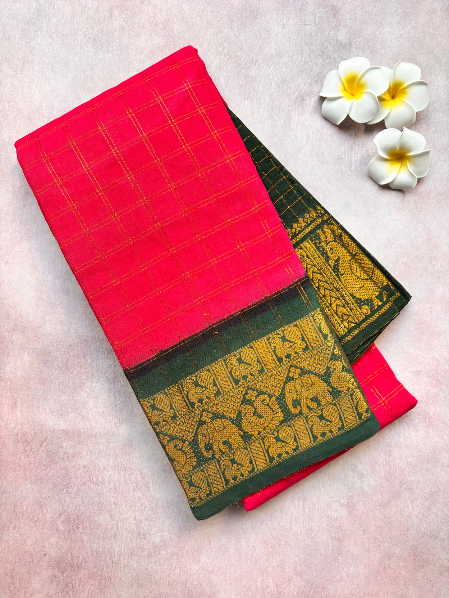 Pink Kattam Sungudi Cotton Saree with Green Border with blouse