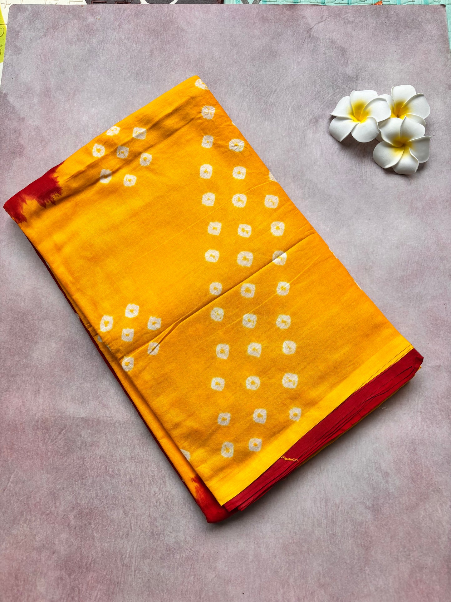 Mango Yellow with Bright Red Hand-Knotted Bhandhini Cotton Saree – Borderless (With Blouse)