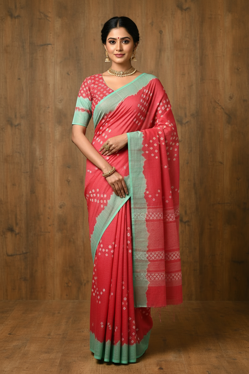 Bandhani Sarees Cotton Pink | Hand-Knotted Sungudi | | Pink with Sky Blue | TLL120