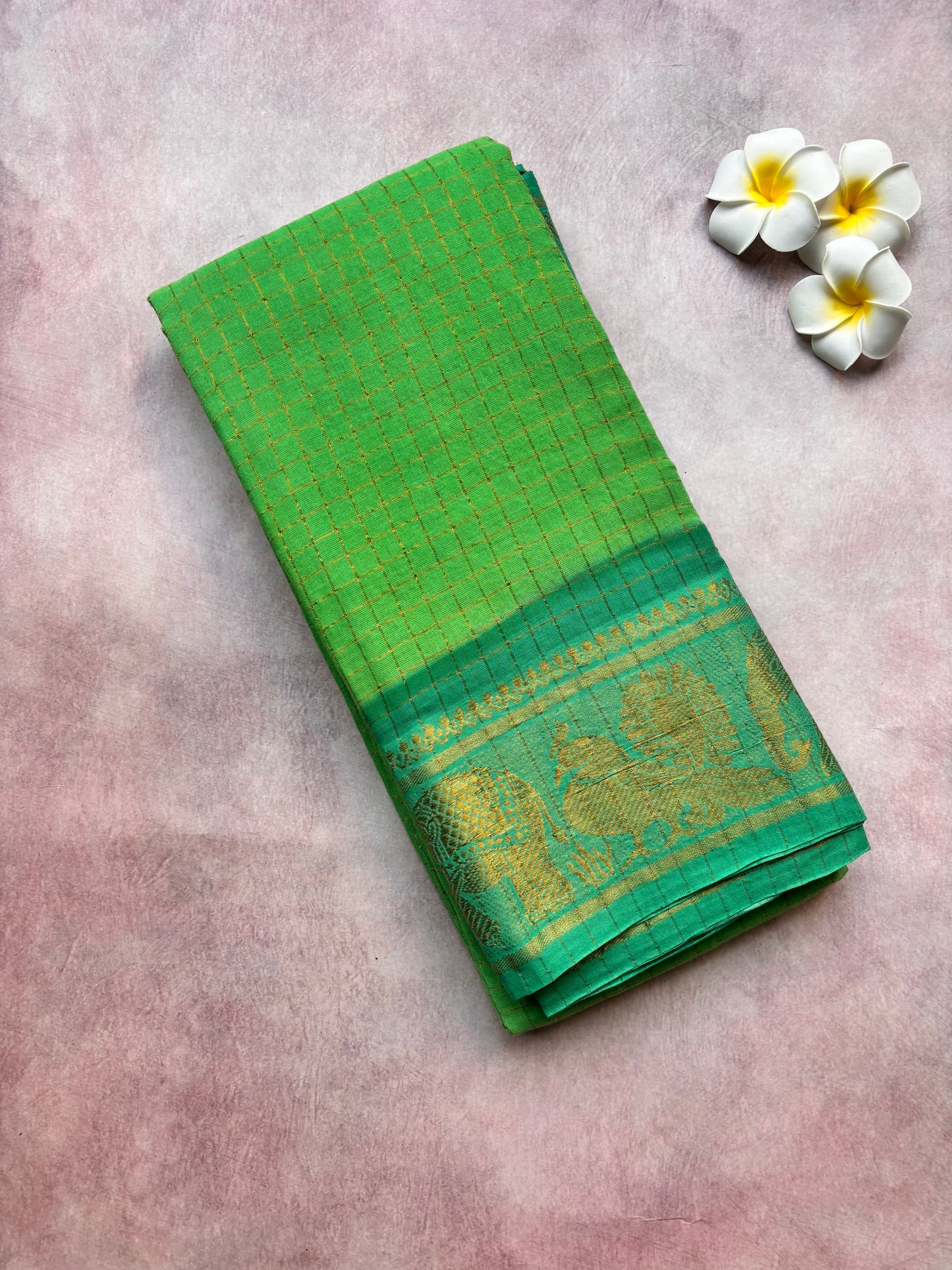 Lime Green Sungudi Cotton Saree with Green Zari-Checked Border - without blouse