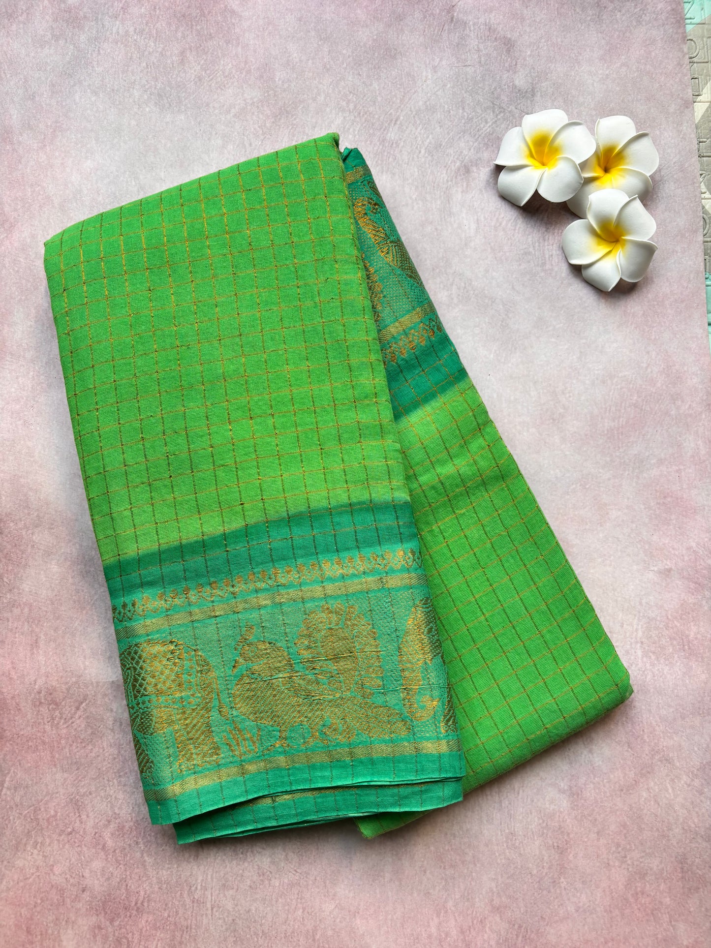 Lime Green Sungudi Cotton Saree with Green Zari-Checked Border - without blouse