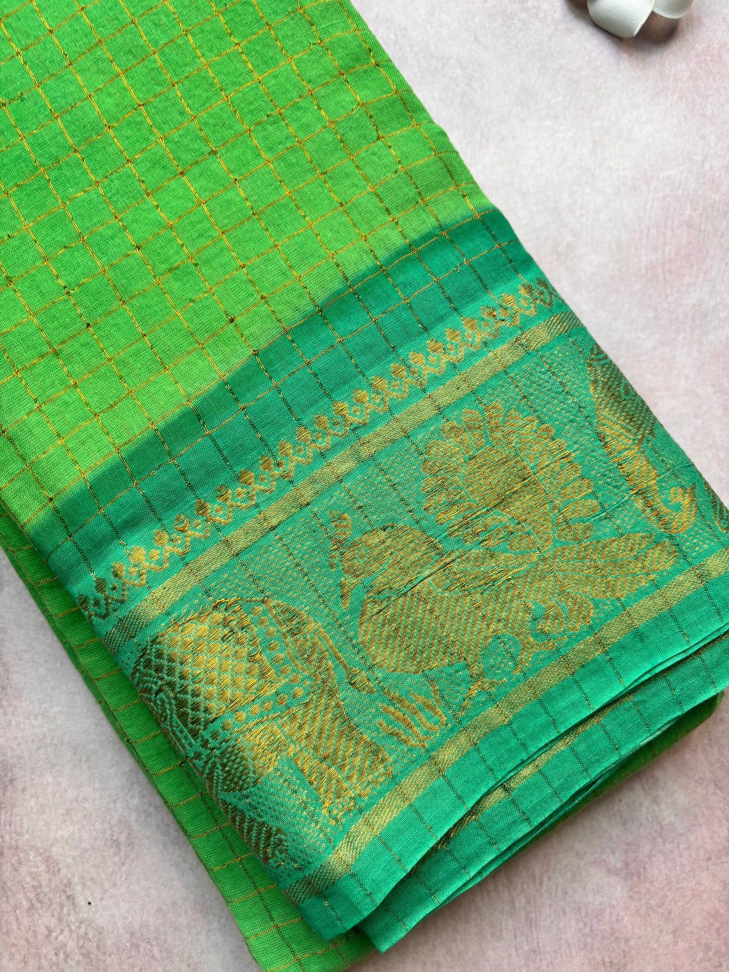 Lime Green Sungudi Cotton Saree with Green Zari-Checked Border - without blouse