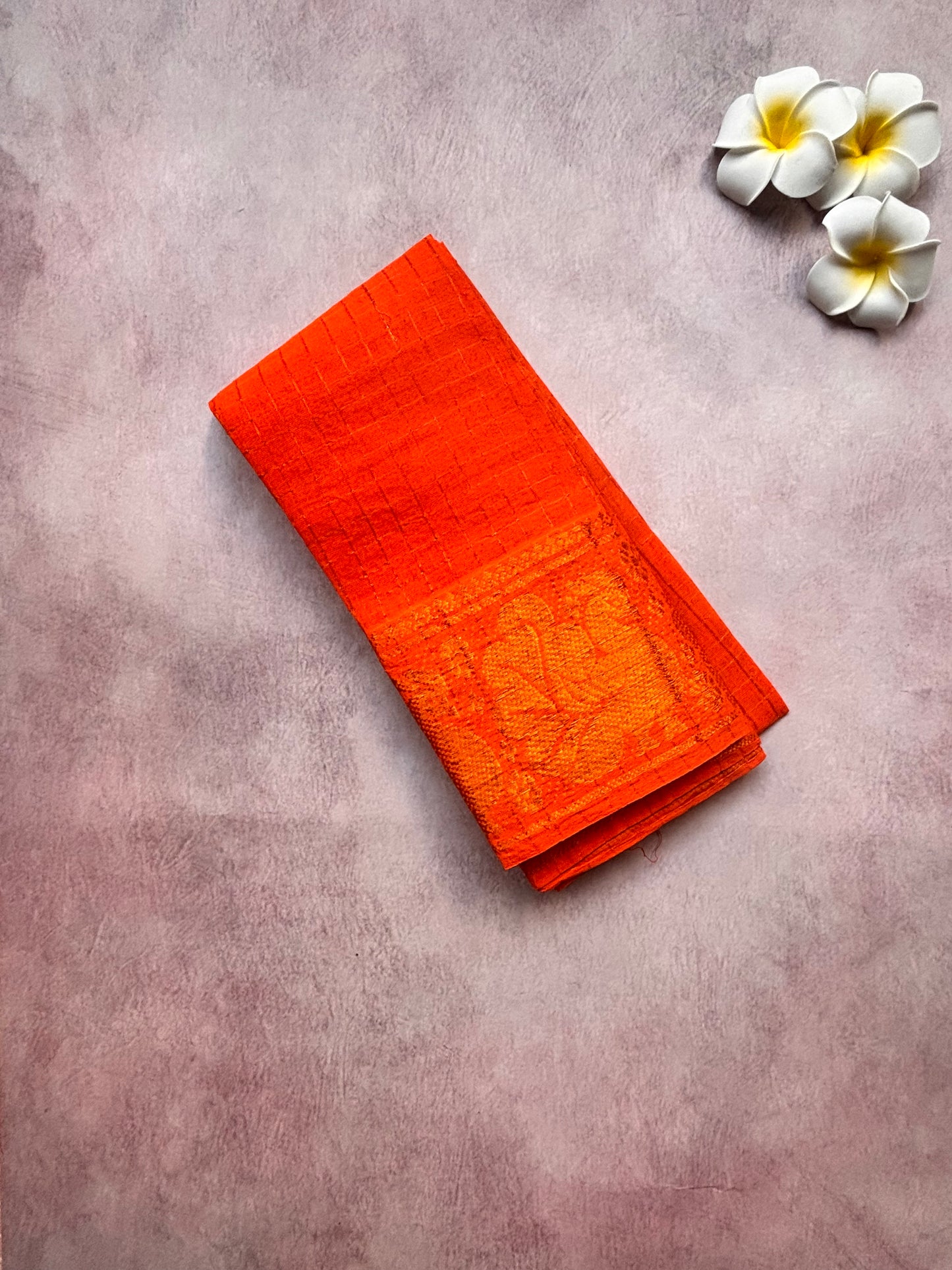 White Sungudi Cotton Saree with Orange Border Velthari - with blouse