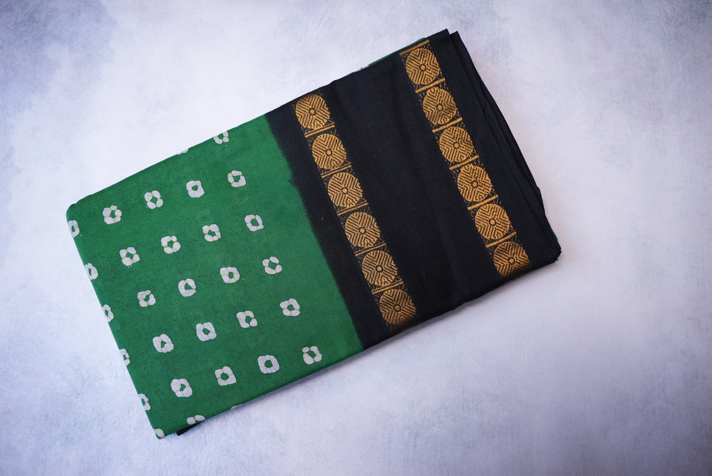 Traditional Wax Round Sungudi Cotton Saree with green and Black Rudraksham Border
