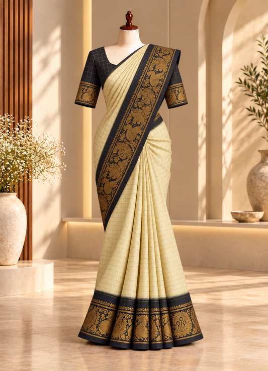 Golden zari checked White and Black Border sungudi saree | TLL001