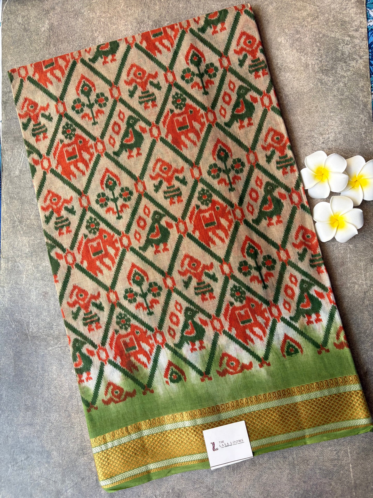 Pochampalli Cotton Saree Cream with Green Border| TLL600