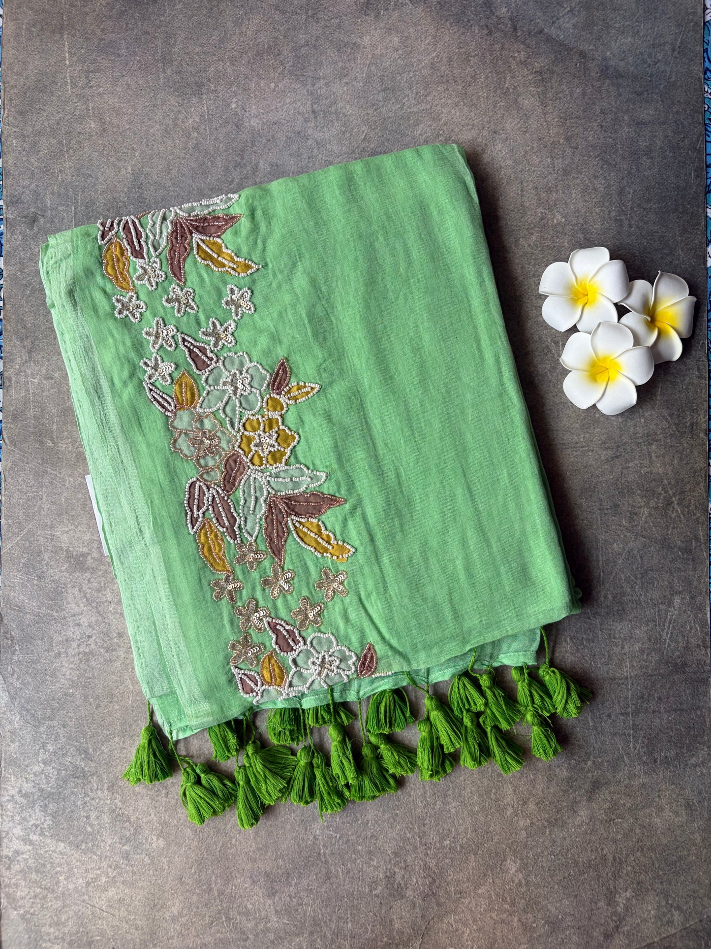 Mul Mul Cotton Saree Light Green with Tussles | TLL502