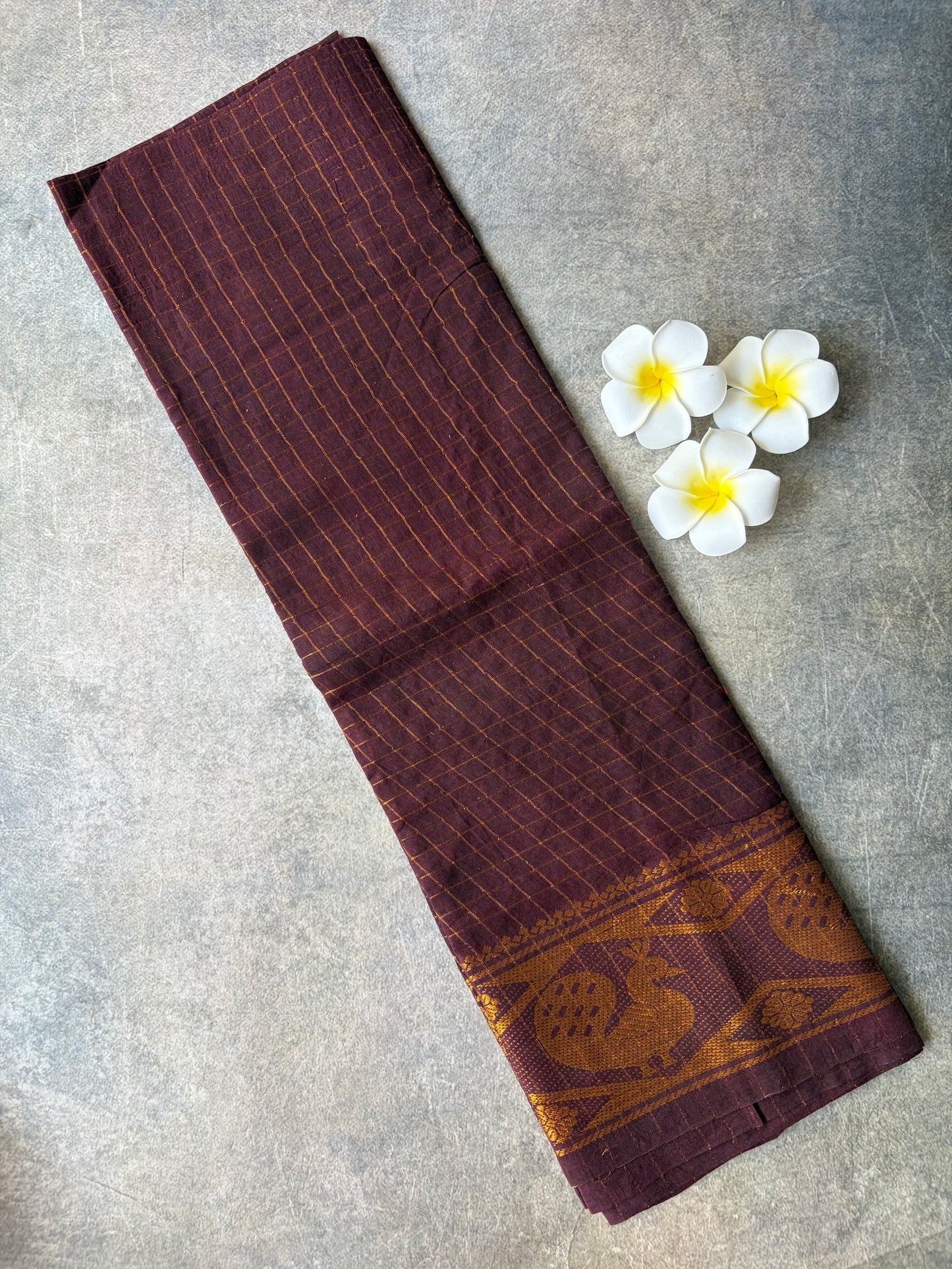Brown Golden Checked Sungudi Cotton Blouse Piece | TLL244