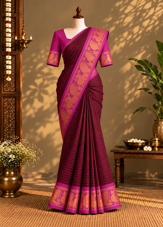 Golden Checked Sungudi Cotton Saree Maroon | TLL376