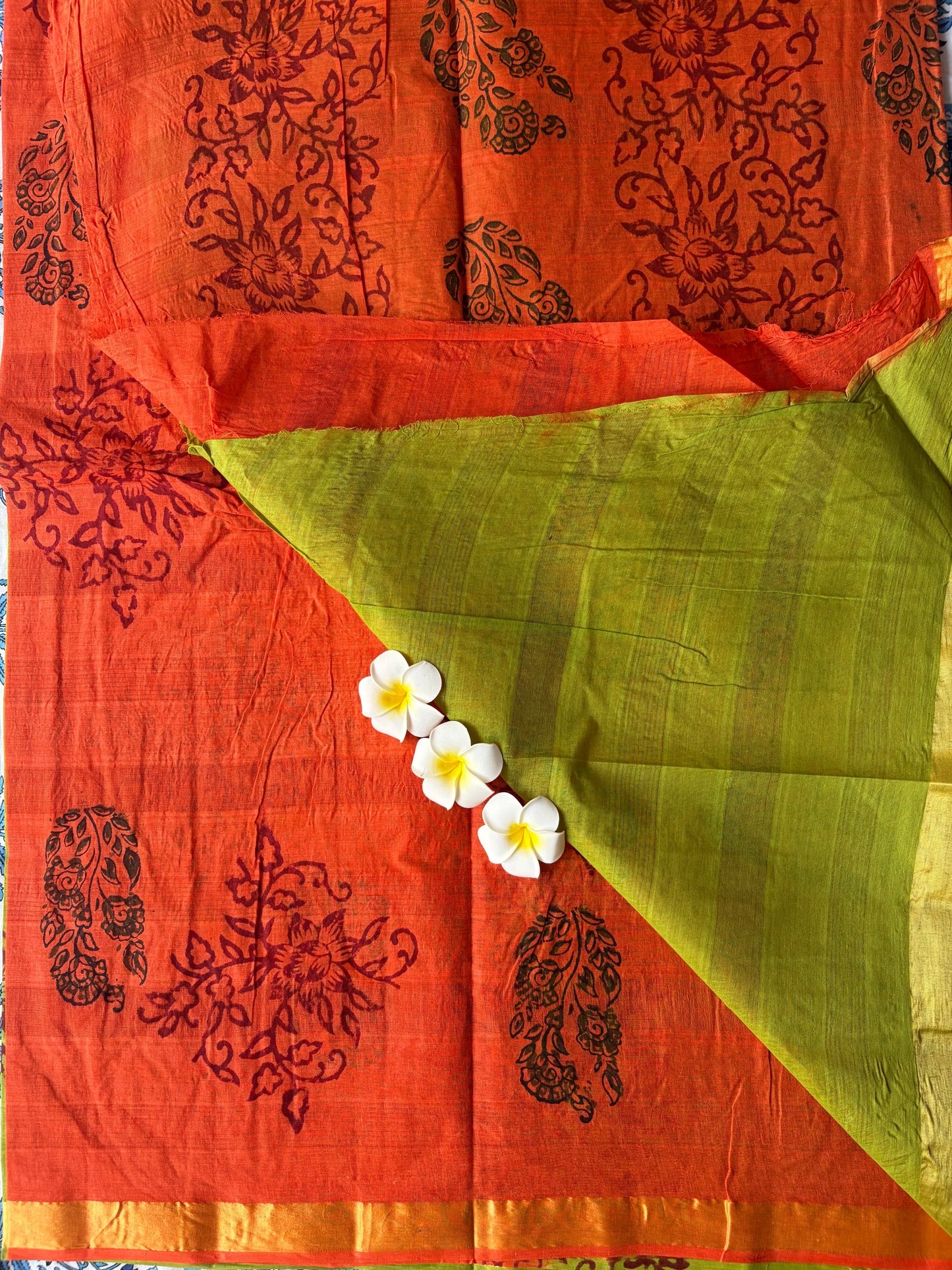 Green with Orange Pure Cotton Saree | TLL582