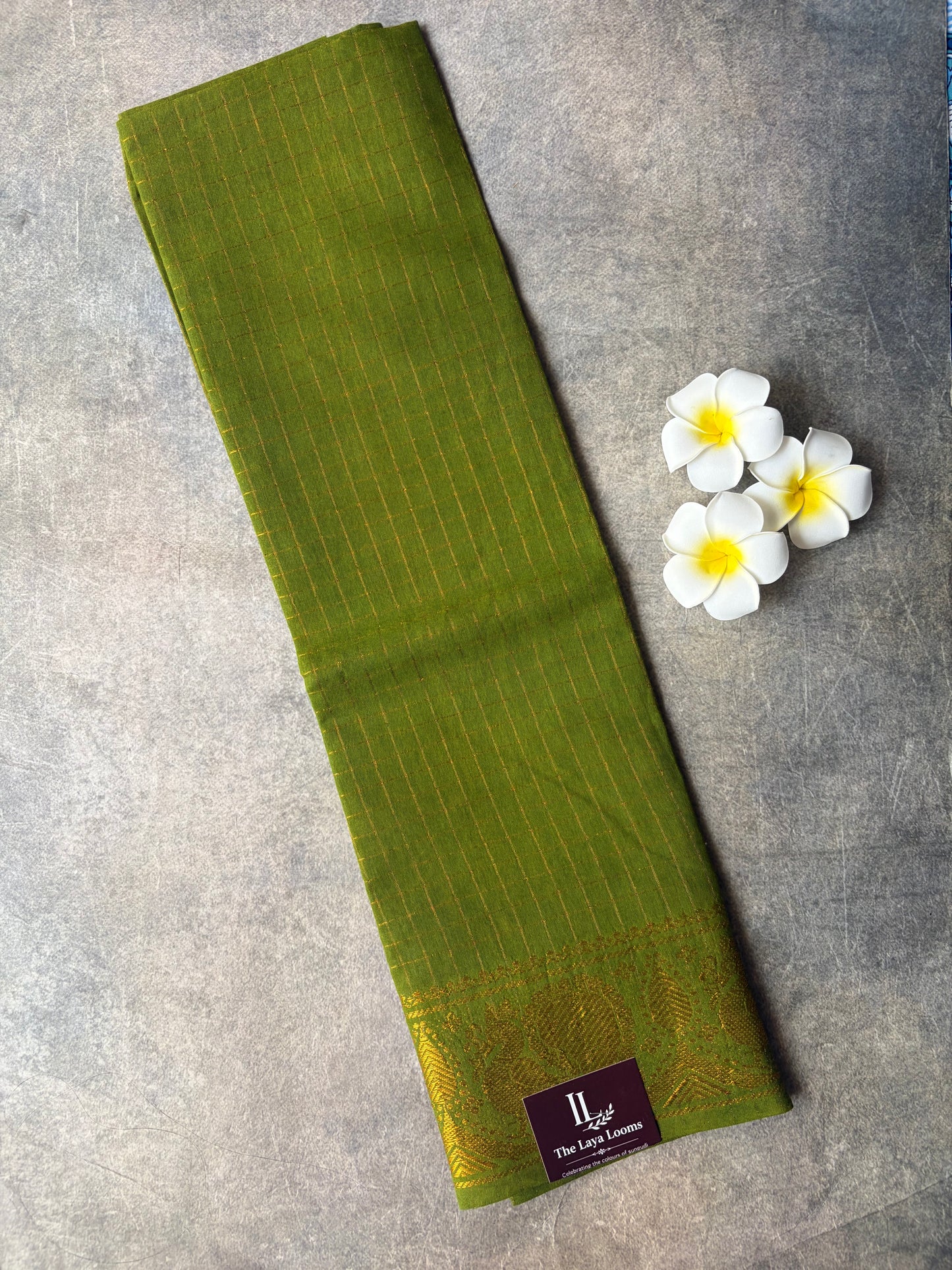 Olive Green Golden Checked Sungudi Cotton Blouse Piece | TLL565