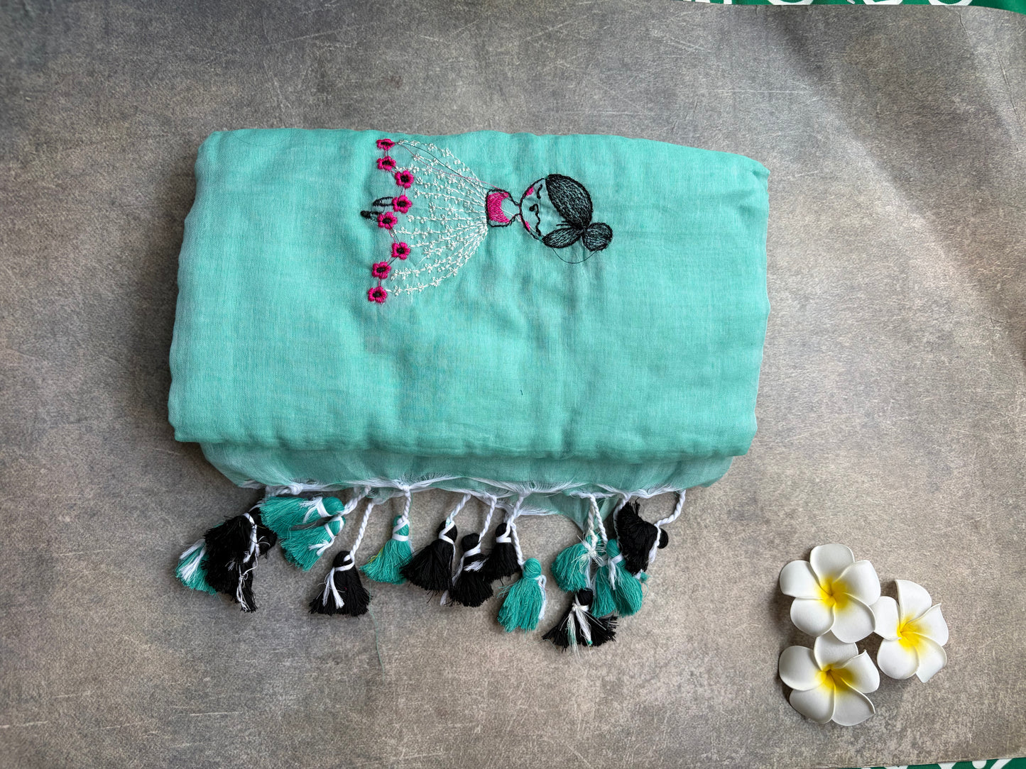 Mul Mul Cotton Saree | Sky Blue with Tassels & Doll Embroidery