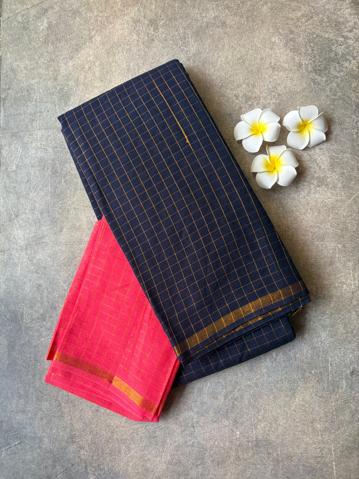 Golden Checked Navy Blue Sungudi Saree Simple Border | TLL686