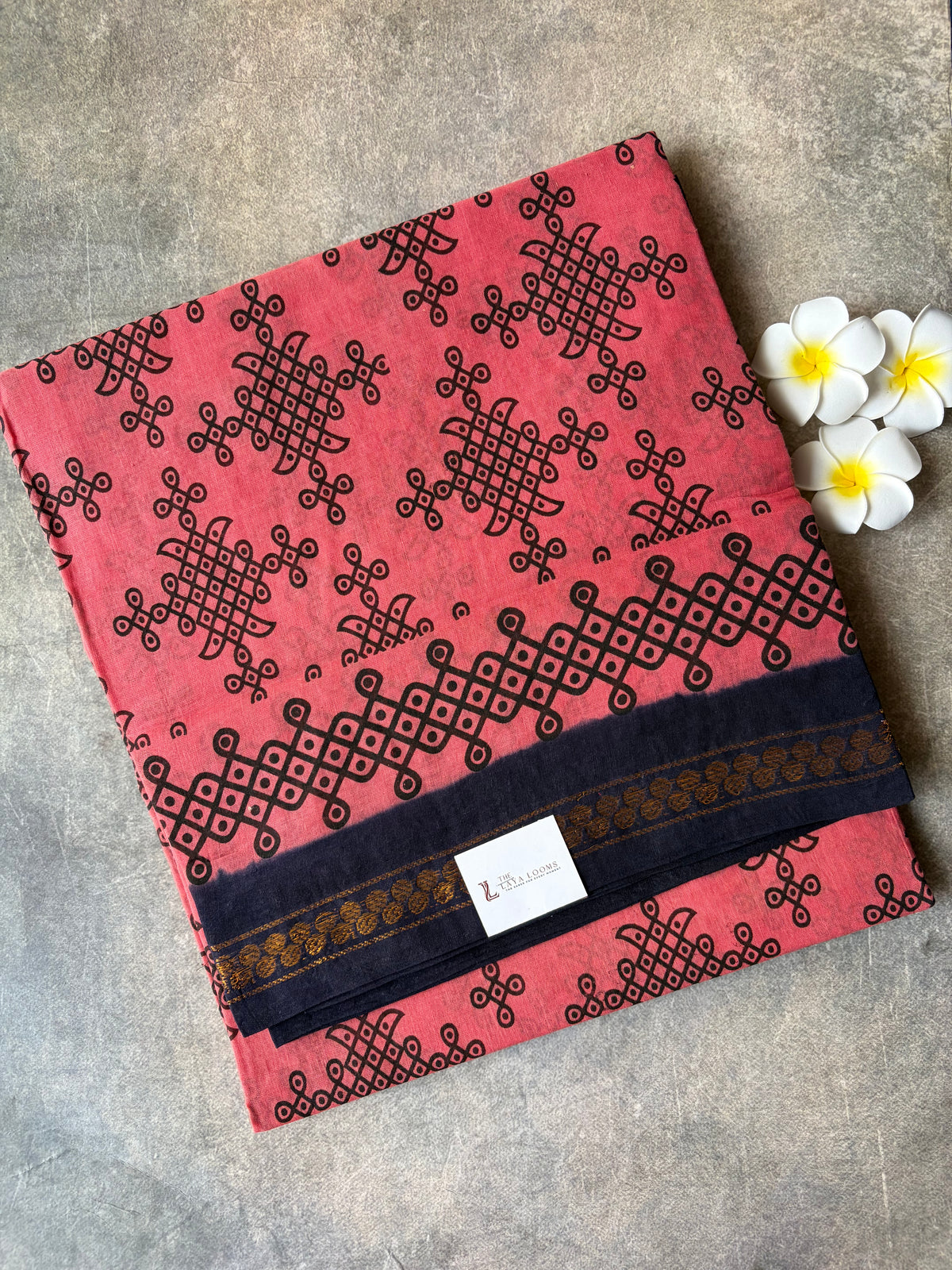 Kolam Printed Sungudi Cotton Saree Baby Pink with Navy Blue Border | TLL637