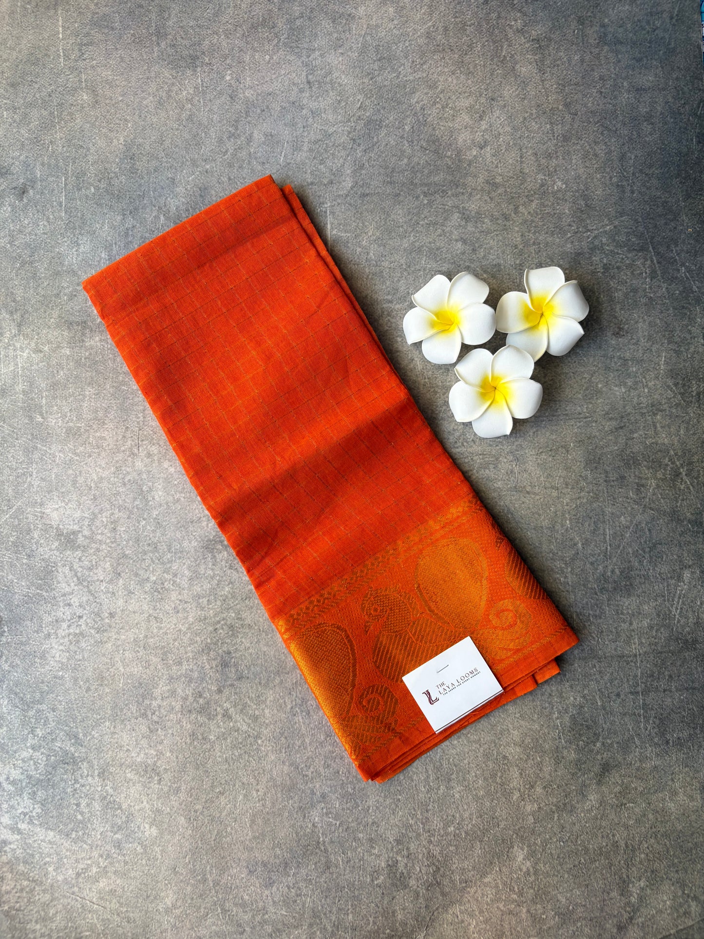 Orange Golden Checked Sungudi Cotton Blouse Piece | TLL239