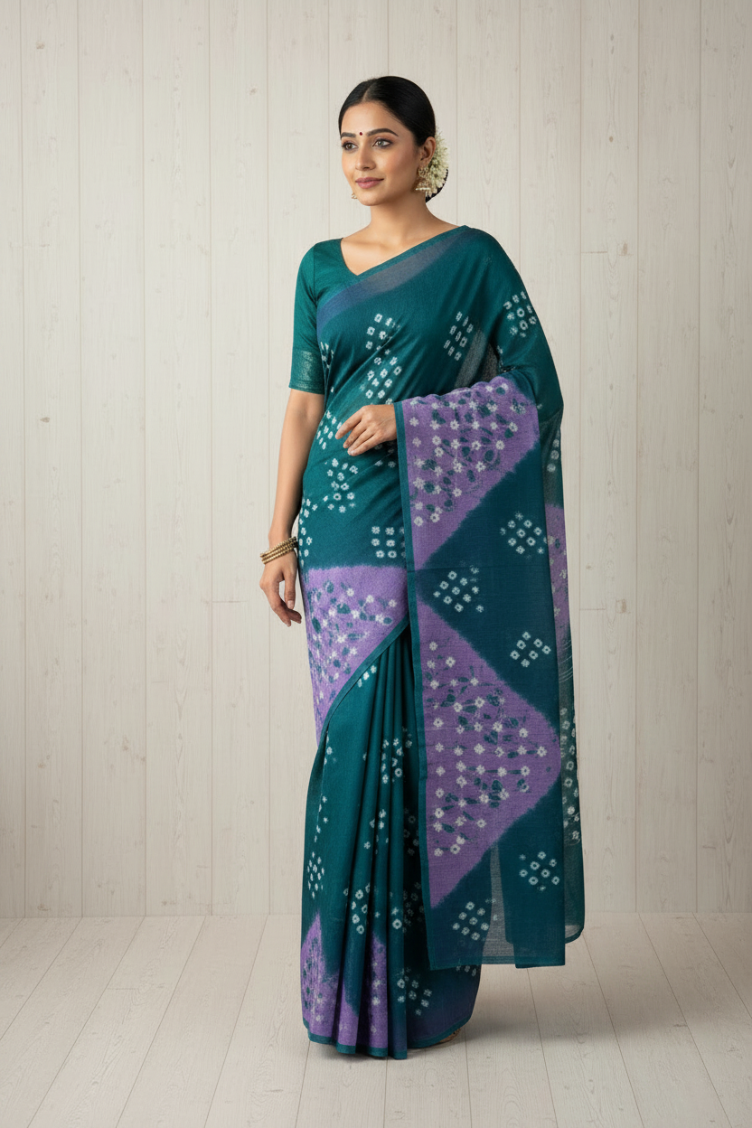 Bandhani Sarees Cotton Blue | Hand-knotted Sungudi Saree | Blue with Purple Colour | TLL196
