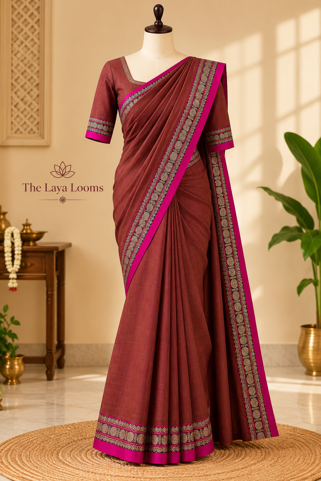Narayanpet Cotton Saree Brown-Pink | TLL453