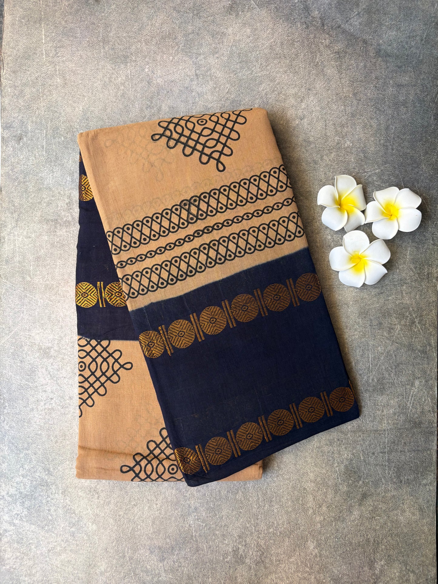Kolam Printed Sungudi Cotton Saree Biscuit Colour | TLL402