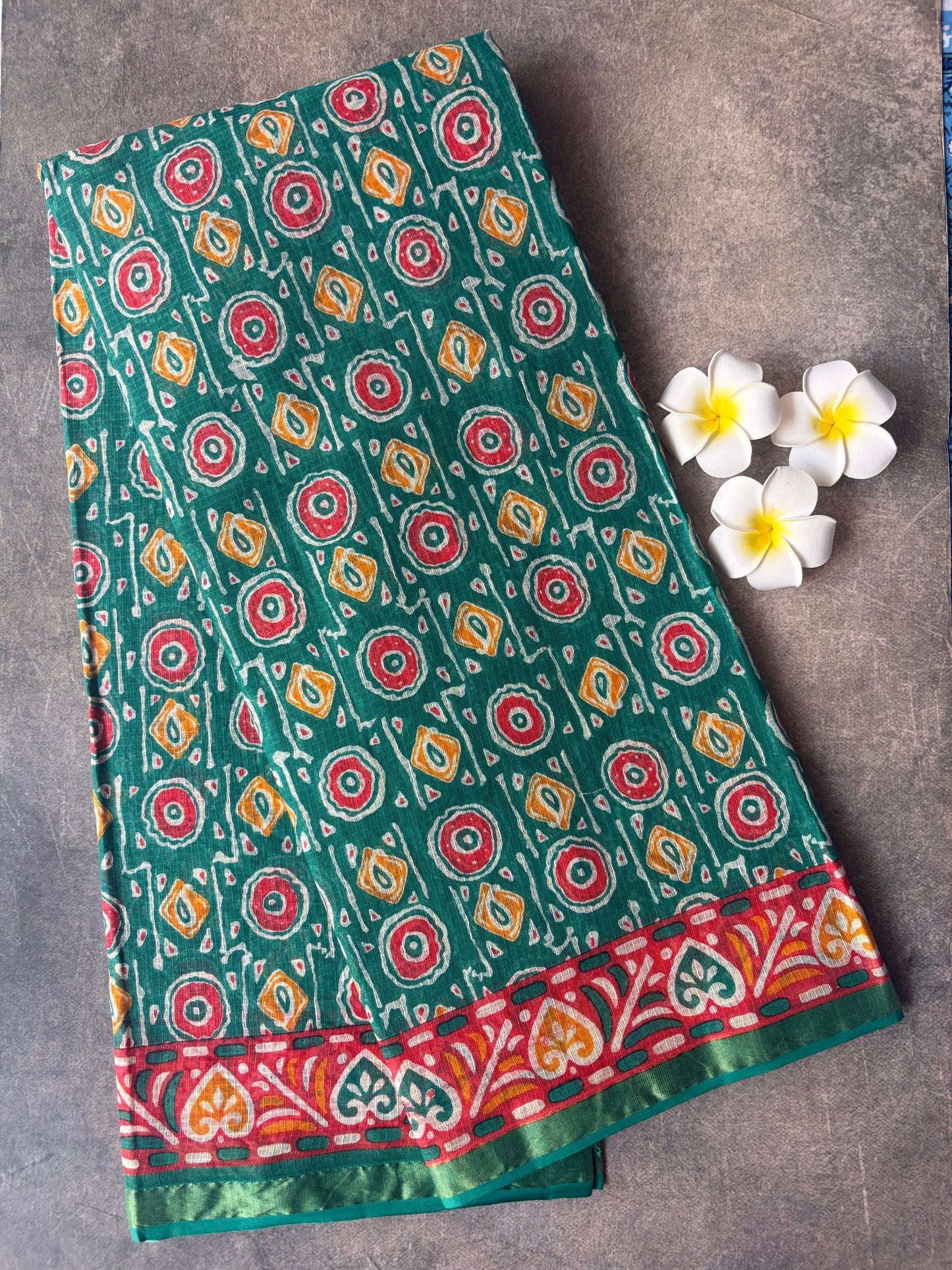 Dark Green Round Printed Kota Doria Cotton Saree | TLL570