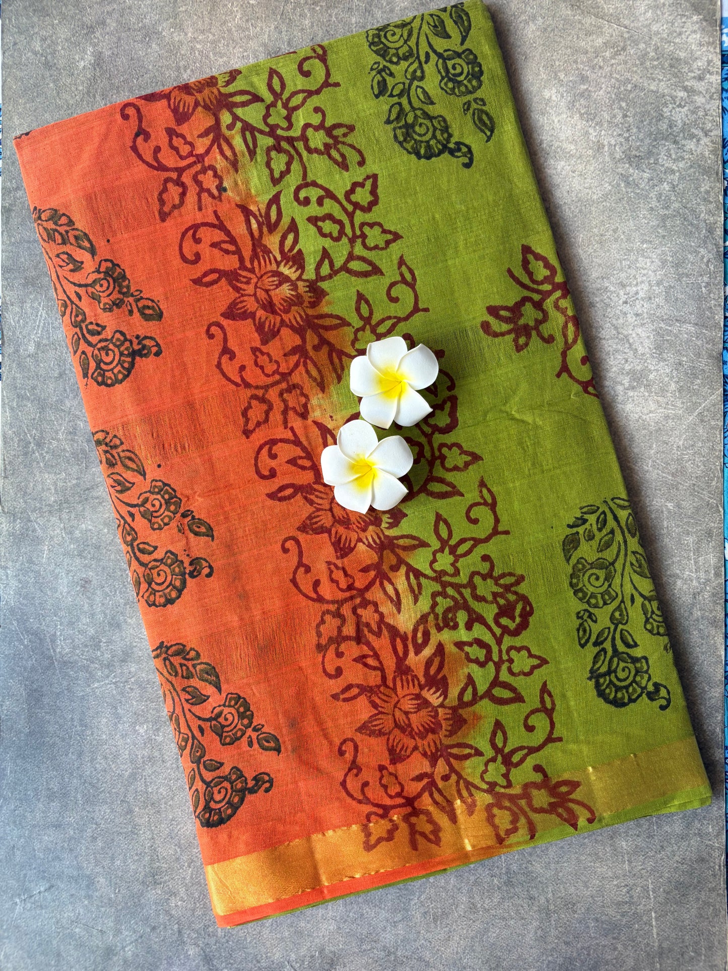 Green with Orange Pure Cotton Saree | TLL582