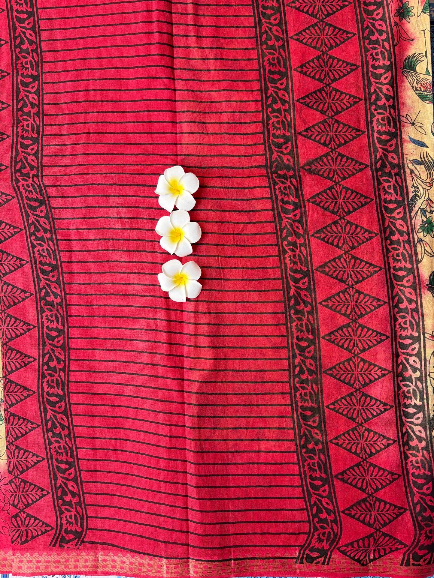 Kalamkari Cotton Saree Cream with Red Border | TLL592