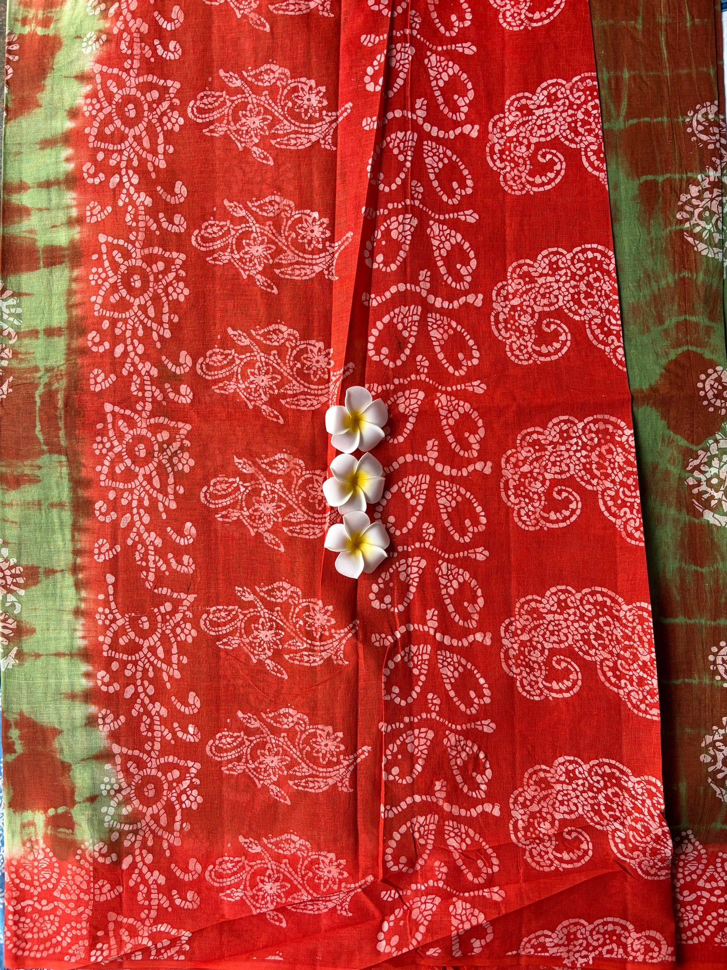 Red and Green tie-dye Shibori Cotton Saree | TLL573