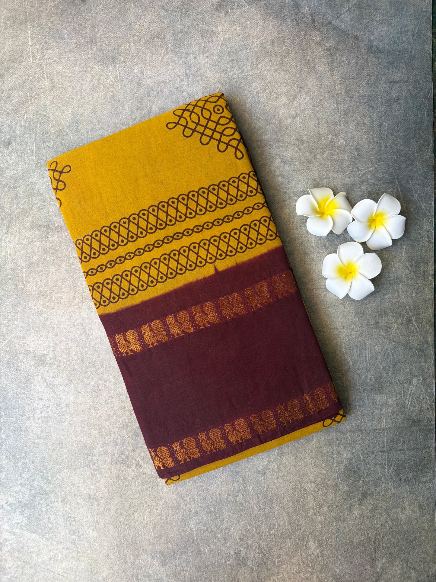 Kolam Printed Sungudi Cotton Saree Mustard Yellow | TLL398