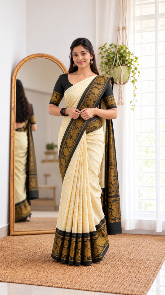 Golden zari checked White and Black Border sungudi saree | TLL001