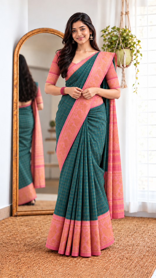 Golden Checked Sungudi Cotton Saree Greyish-Green | TLL375