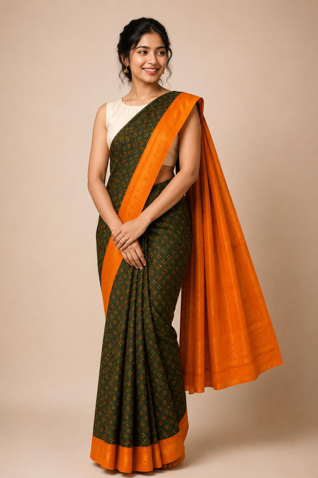 Authentic Soft Sungudi Cotton Saree Green – 3 Pulli (Meghandhi Green Body with Orange Border) | TLL093