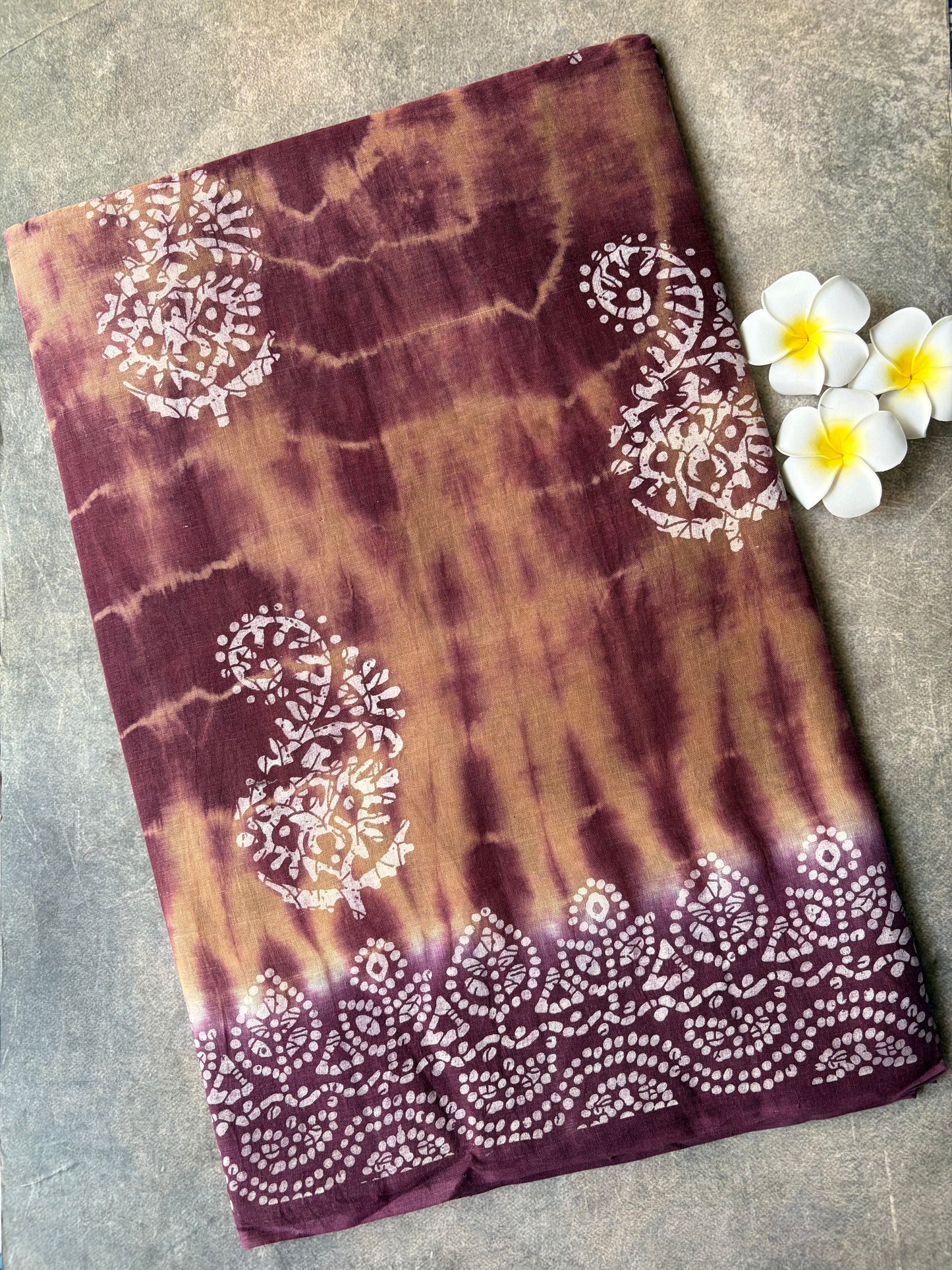 Maroon and Cream tie-dye Shibori Cotton Saree | TLL576