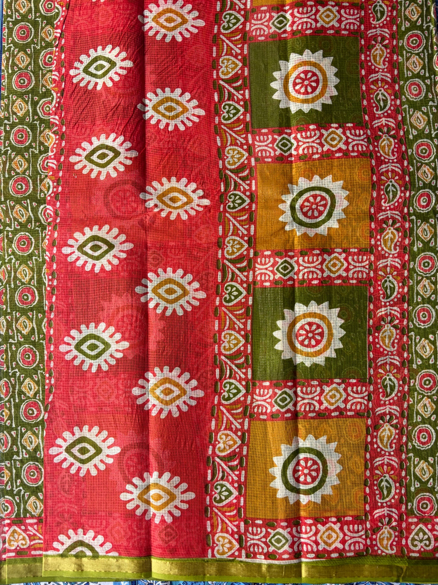 Olive Green Round Printed Kota Doria Cotton Saree | TLL571