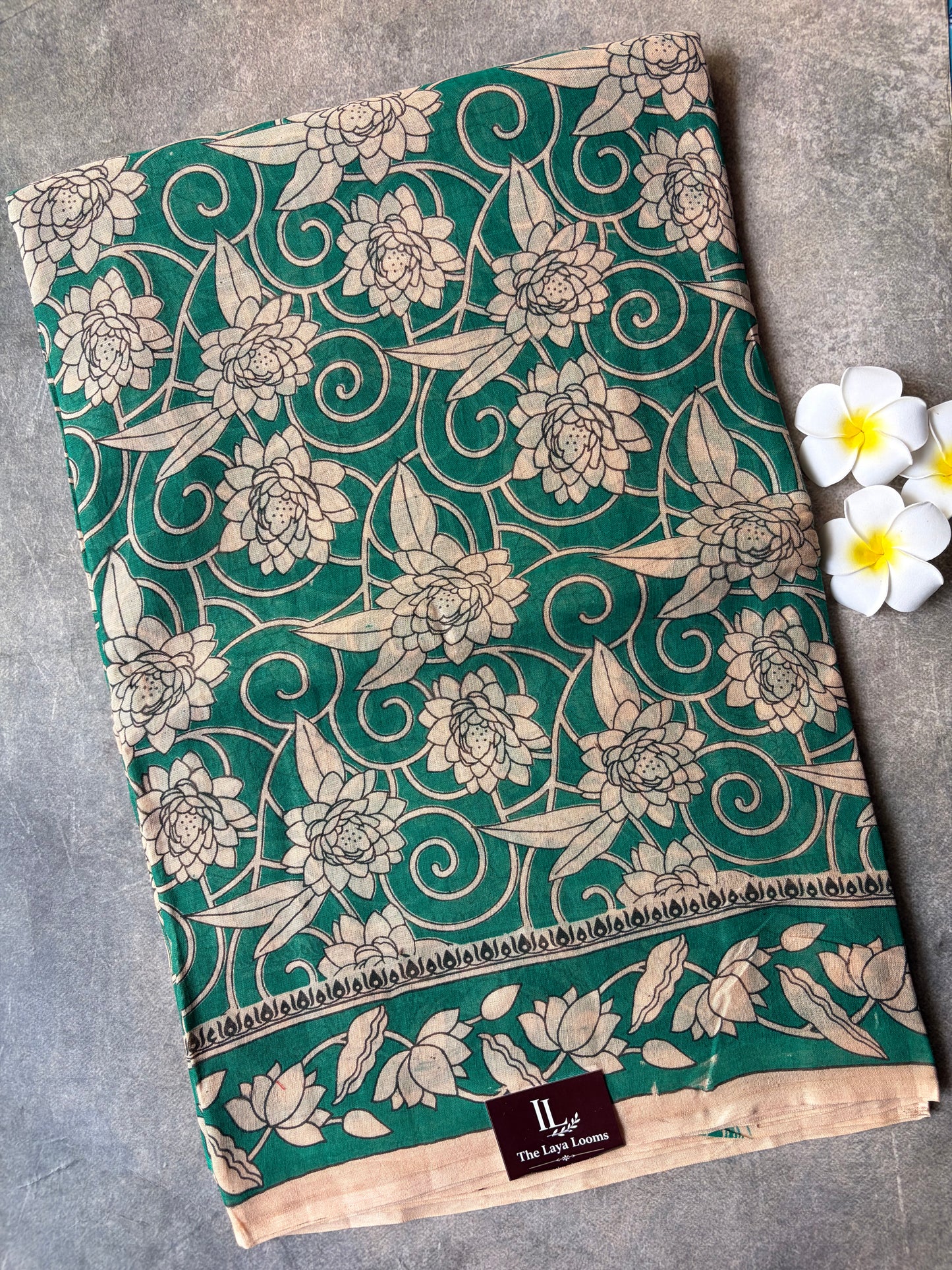 Kalamkari Mul Mul Cotton Saree Green | TLL614