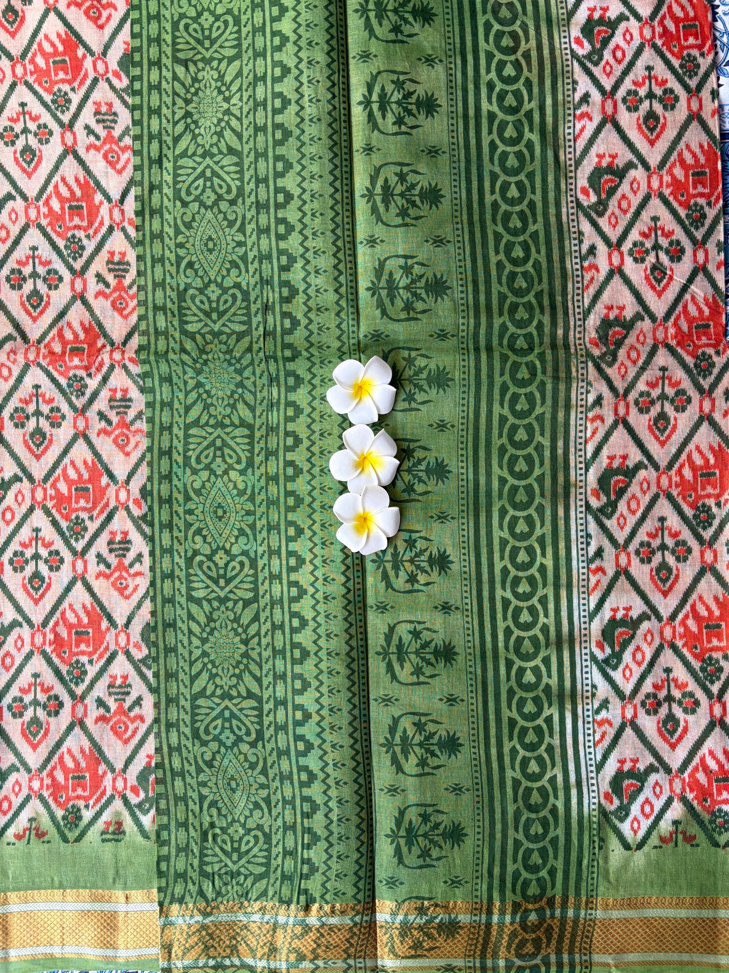 Pochampalli Cotton Saree Cream with Green Border| TLL600