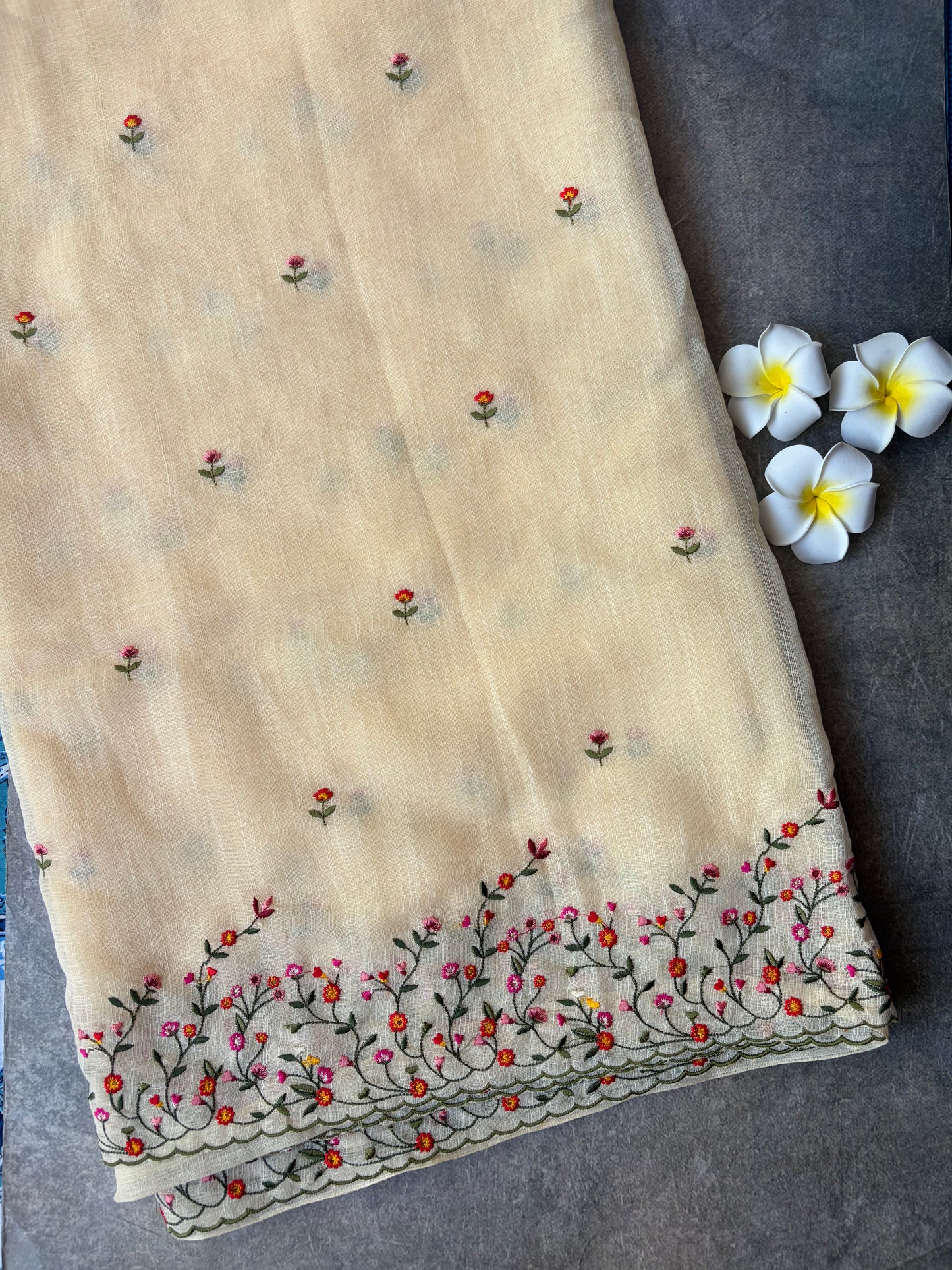 Linen Cotton Saree Cream Colour | TLL315