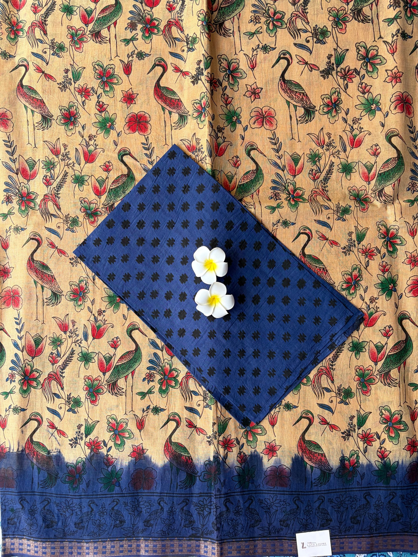 Kalamkari Cotton Saree Cream with Blue Border | TLL593