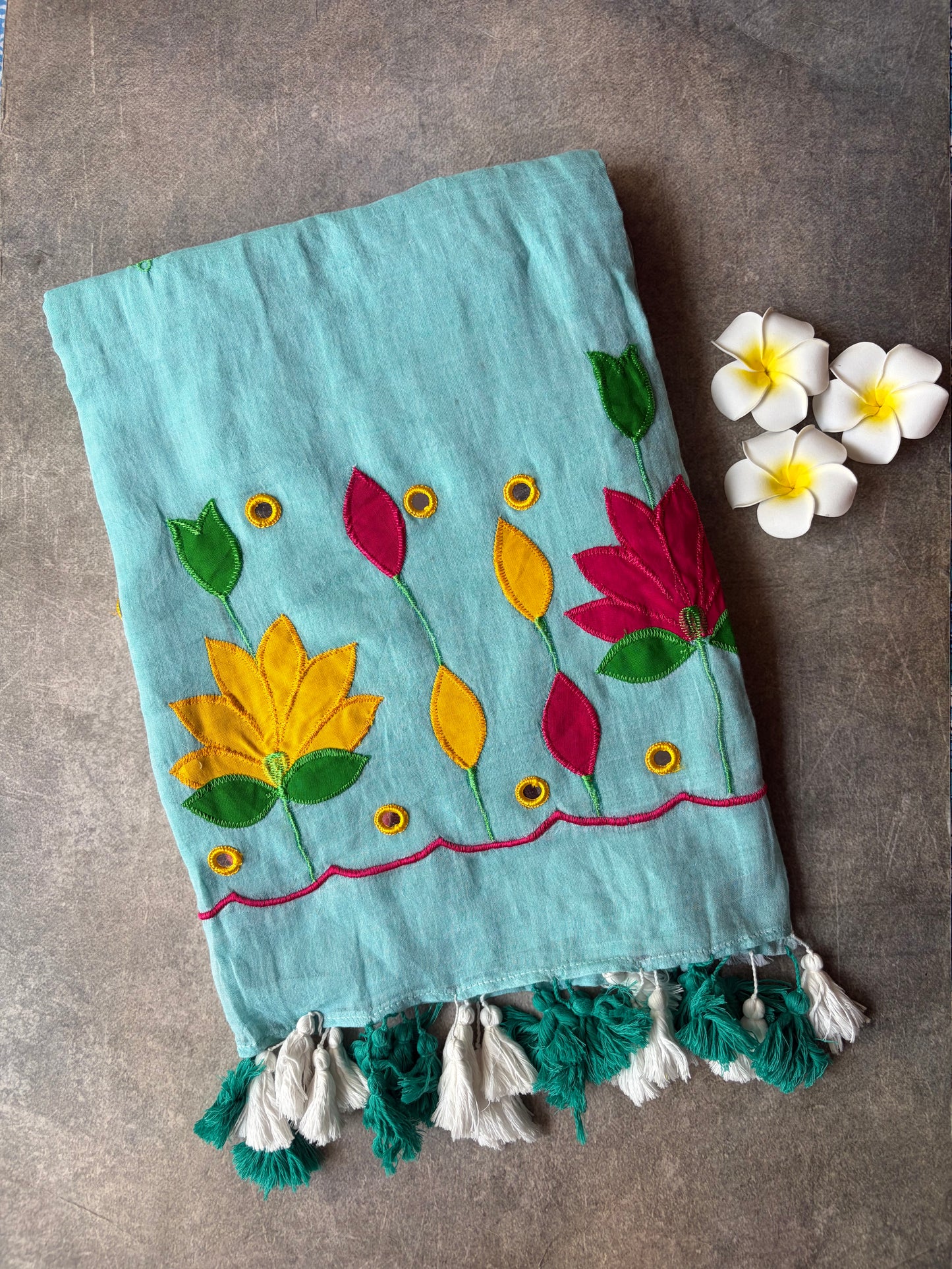 Applique Work Mul Mul Cotton Saree Sky Blue | TLL546