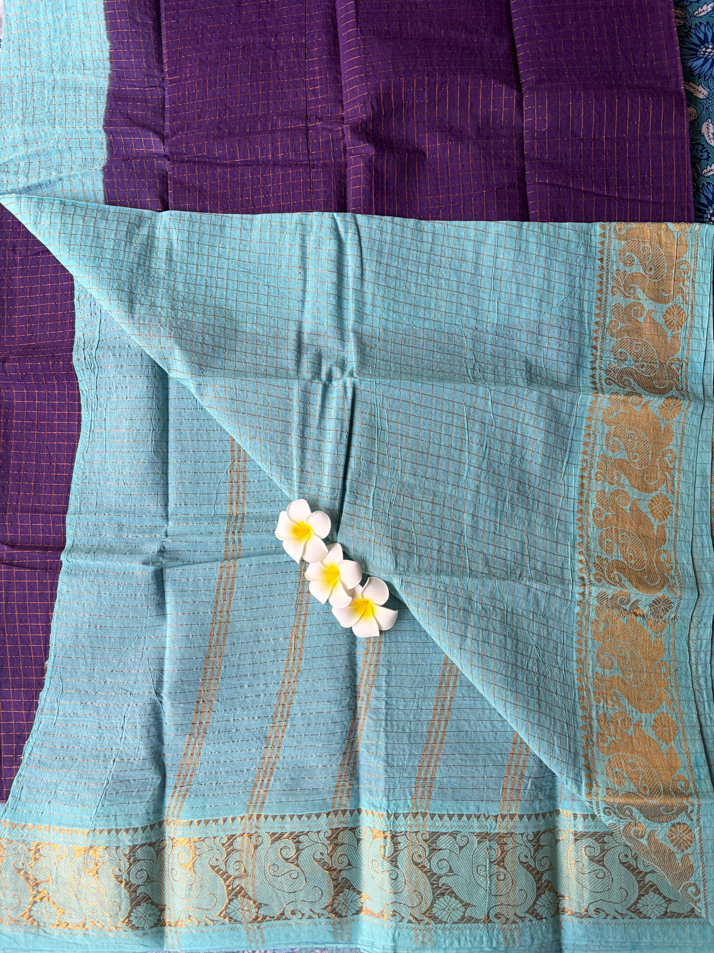 Golden checked blue Sungudi saree |TLL169