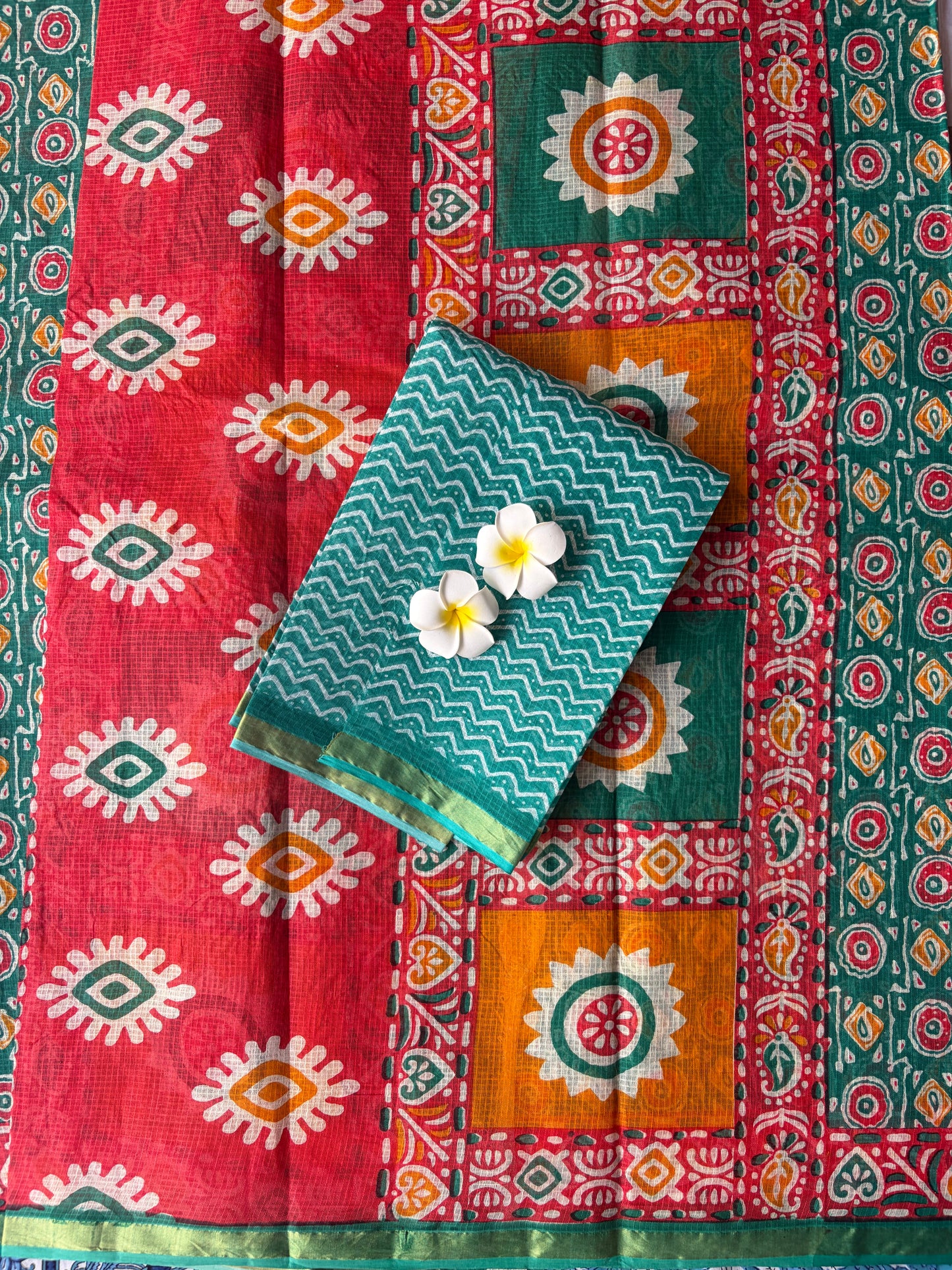 Dark Green Round Printed Kota Doria Cotton Saree | TLL570